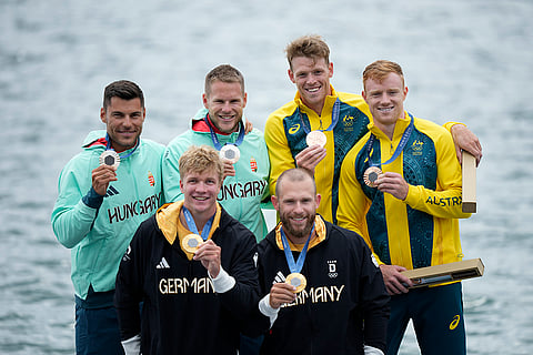 Paris Olympics Men's K-2 500 metres: Hungary's Bence Nadas and Sandor Totka (Silver medal), Germany's Jacob Schopf and Max Lemke (Gold medal) and Australia's Thomas Green and Jean van der Westhuyzen (Bronze medal)